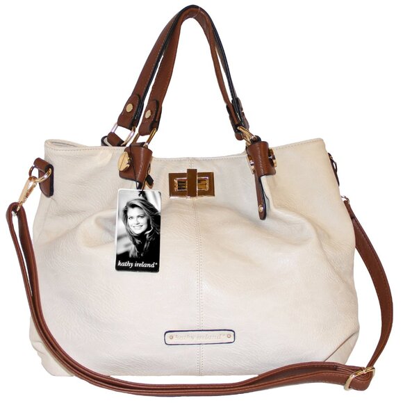 Kathy Ireland Beautiful Vegan Leather Large Luxe Hobo in Cream/Brown NWT - Picture 1 of 9